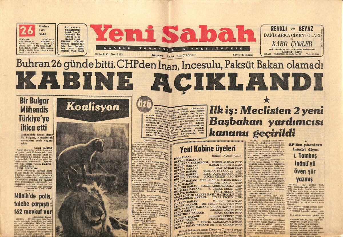 Yeni Sabah Gazetesi 26 Haziran 1962 - Metin Oktay Galatasaray'a Dönmek İstiyor - Hazineyi Soyan 3 Kişi Yakalandı GZ148873 - 1