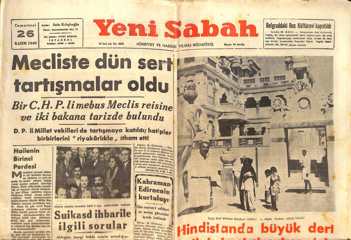 Yeni Sabah Gazetesi 26 Kasım 1949 - Mecliste Dün Sert Tartışmalar Oldu - Kıtlık Yüzünden Göç Eden Köylüler! GZ146553 - 1