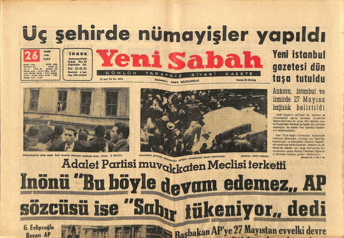Yeni Sabah Gazetesi 26 Mart 1963 - Adalet Partisi Muvakkaten Meclisi Terketti - Bayar Ve 6 Gazete İçin Tahkikat Açıldı GZ148664 - 1
