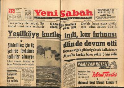 Yeni Sabah Gazetesi 26 Ocak 1963 - Yıldız Asena Tahliye Edildi - Yeşilköye Kurtlar İndi , Kar Fırtınası Dün de Devam Etti GZ123778 - 1