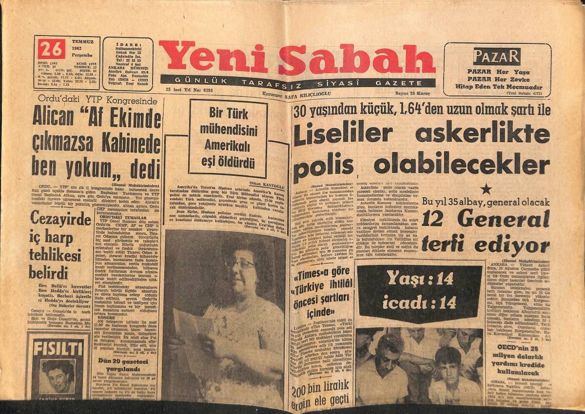 Yeni Sabah Gazetesi 26 Temmuz 1962 - Metin Oktay Galatasaray'la Mukavele Yaptı - Sarışın Bomba Jayne Mansfield'i Çocuklar Da Seviyor GZ148871 - 1