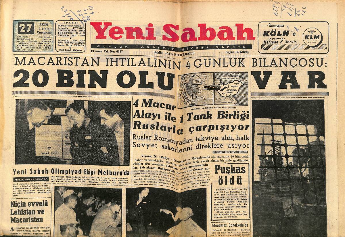 Yeni Sabah Gazetesi 27 Ekim 1956 - Macaristan İhtilalinin 4 Günlük Bilançosu : 20 Bin Ölü GZ148378 - 1