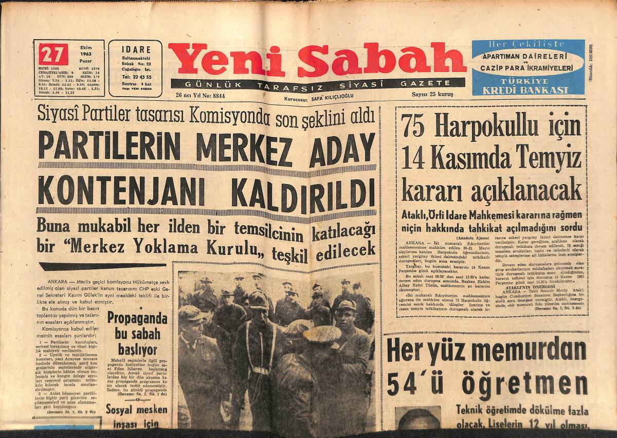 Yeni Sabah Gazetesi 27 Ekim 1963 - Gina Lollobrigida Kocasından Ayrılmayı Düşünmüyormuş - Brigitte Bardot Londra'daki Filmi Yarıda Kaldı - Filiz Akın GZ148851 - 1