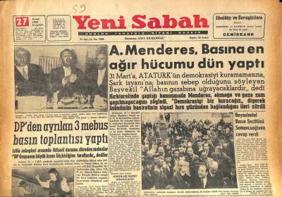 Yeni Sabah Gazetesi 27 Kasım 1958 - A. Menderes , Basına En Ağır Hücumu Dün Yaptı GZ86102 - 1