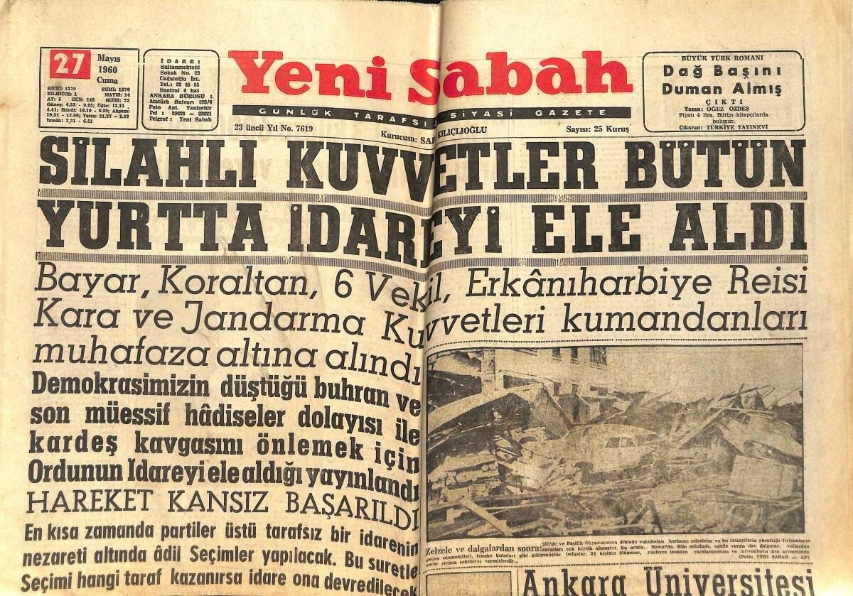 Yeni Sabah Gazetesi 27 Mayıs 1960 - Talât Paşa'nın Kaatili Öldü - Kurucu Meclis Kurulacak GZ153967 - 1