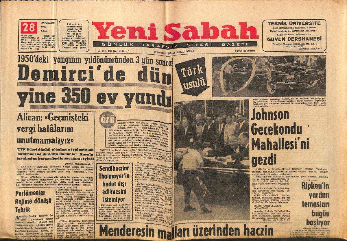Yeni Sabah Gazetesi 28 Ağustos 1962 - Johnson Gecekondu Mahallesini Gezdi - B.Cezayir Sivil İdare Ve Bin Bella'yı İstiyor GZ148410 - 1