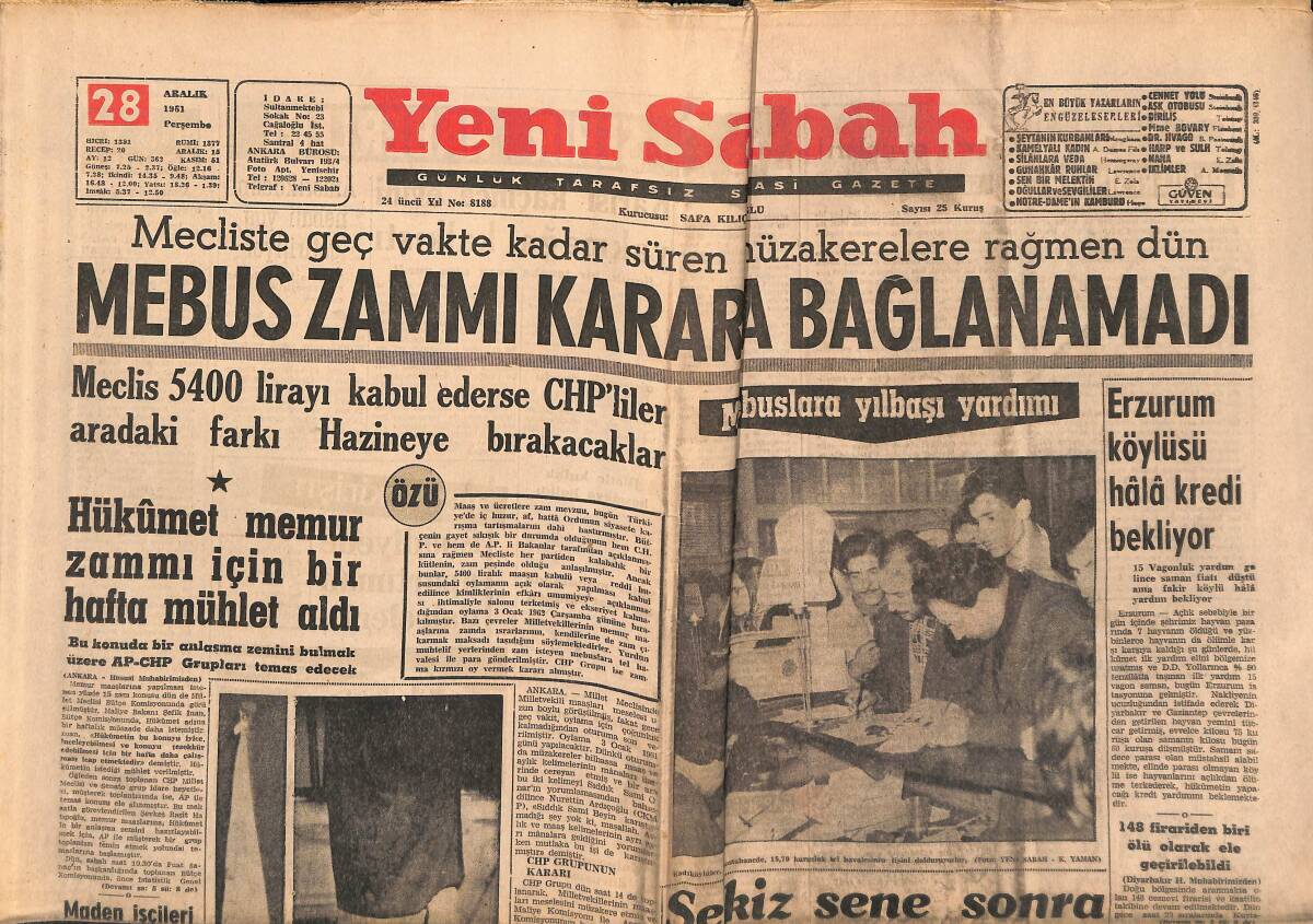 Yeni Sabah Gazetesi 28 Aralık 1961 - Erzurum Köylüsü Hala Kredi Bekliyor - Mebus Zammı Karara Bağlanamadı GZ148398 - 1