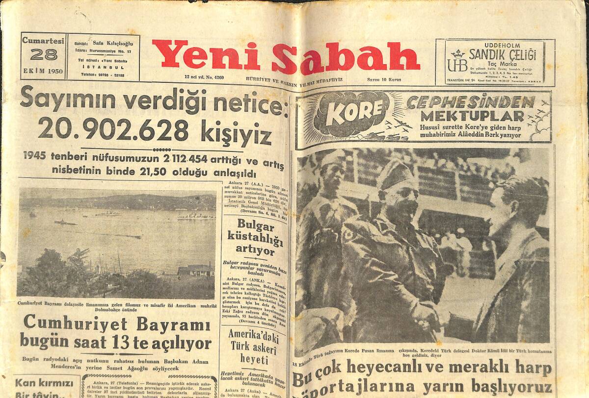Yeni Sabah Gazetesi 28 Ekim 1950 - Sayımın Verdiği Netice: 20.902.628 Kişiyiz - Amerika'daki Türk Askeri Heyeti GZ141839 - 1