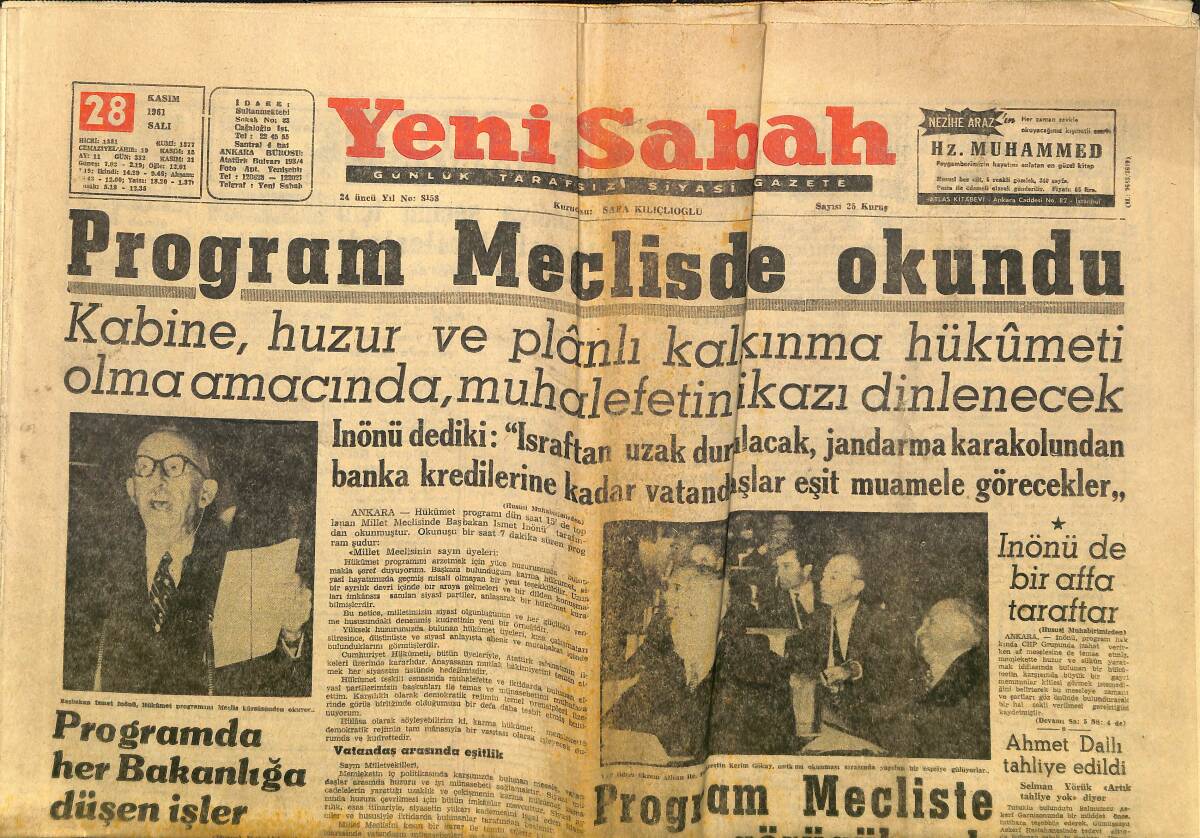 Yeni Sabah Gazetesi 28 Kasım 1961 - Ayla'yı Bulacağım Diyen Gazneli Şahmat İstanbul'a Geldi - İnönü De Bir Affa Taraftar GZ148518 - 1