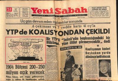 Yeni Sabah Gazetesi 28 Kasım 1963 - Carolinein Doğum Günü İptal Edildi - YTP de Koalisyondan Çekildi GZ123870 - 1