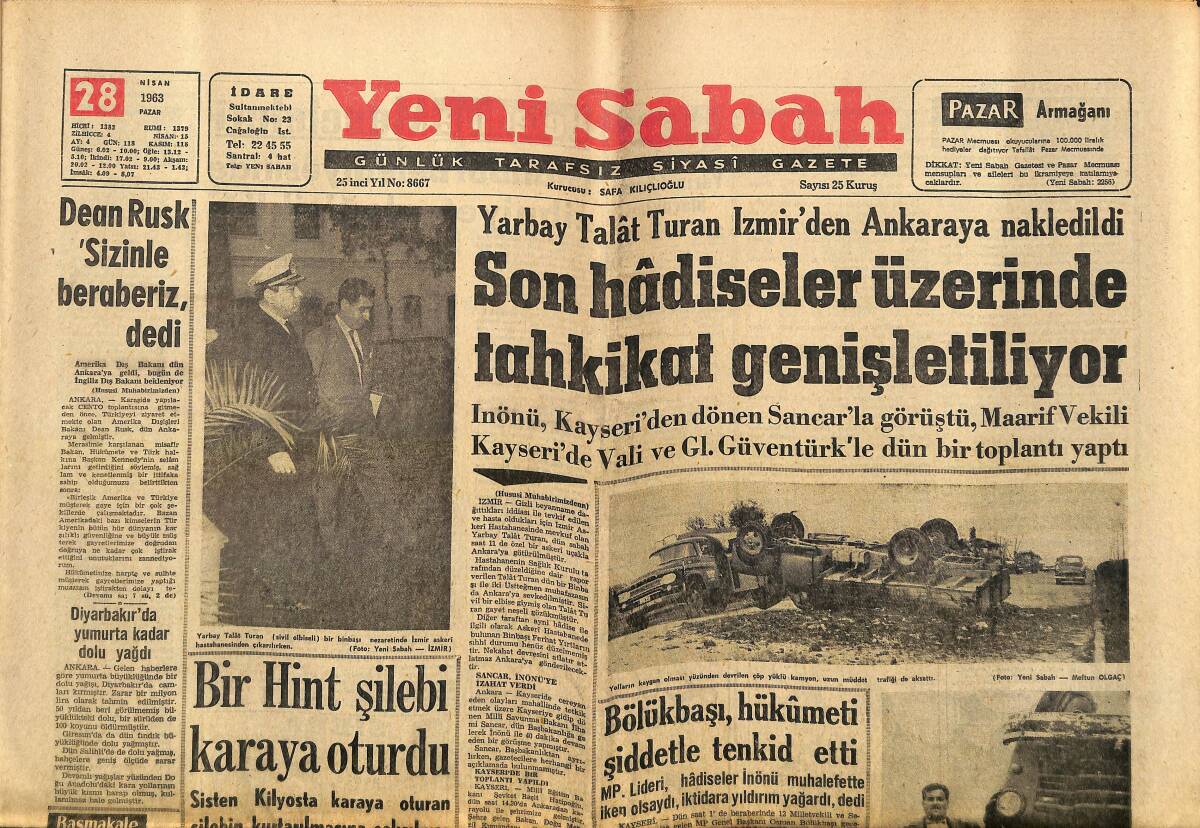 Yeni Sabah Gazetesi 28 Nisan 1963 - Alican , Kapkaç Politikacılardan Şikayet Etti - Türkeş'le Aydemir Cevap Verdi GZ148372 - 1