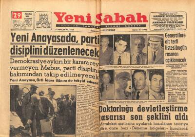 Yeni Sabah Gazetesi 29 Ağustos 1960 - Doktorluğu Devletleştirme Tasarısı Son Şeklini Aldı - Yeni Anayasada , Parti Disiplini Düzenlenecek GZ123746 - 1