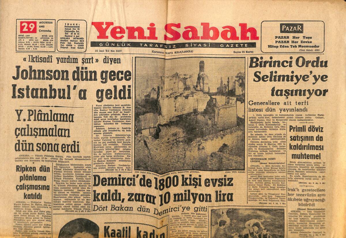 Yeni Sabah Gazetesi 29 Ağustos 1962 - Johnson Dün Gece İstanbul'a Geldi - Necdet Elmas Dün Prangadan Çözüldü GZ148412 - 1
