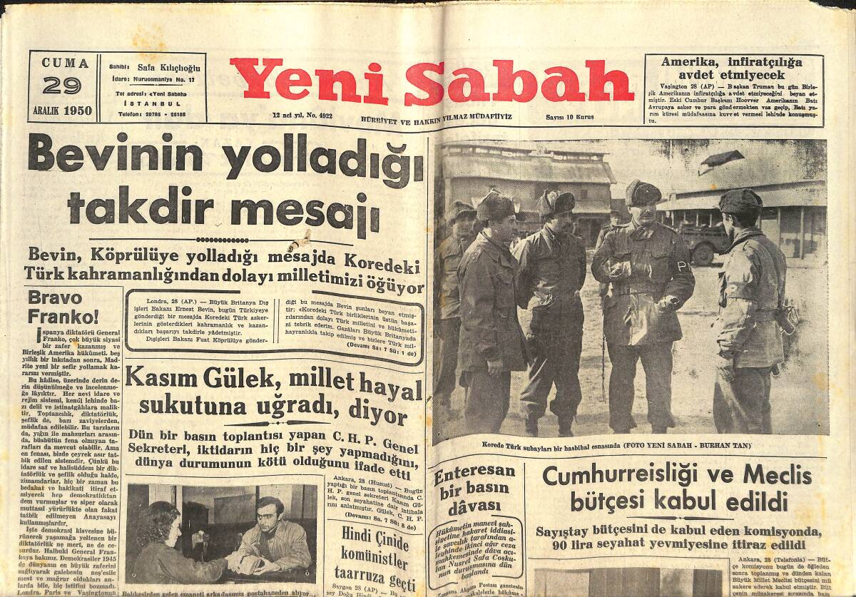 Yeni Sabah Gazetesi 29 Aralık 1950 - Celâl Bayar Ankara'ya Döndü - Mareşal Tito'nun Beyanatı GZ142432 - 1