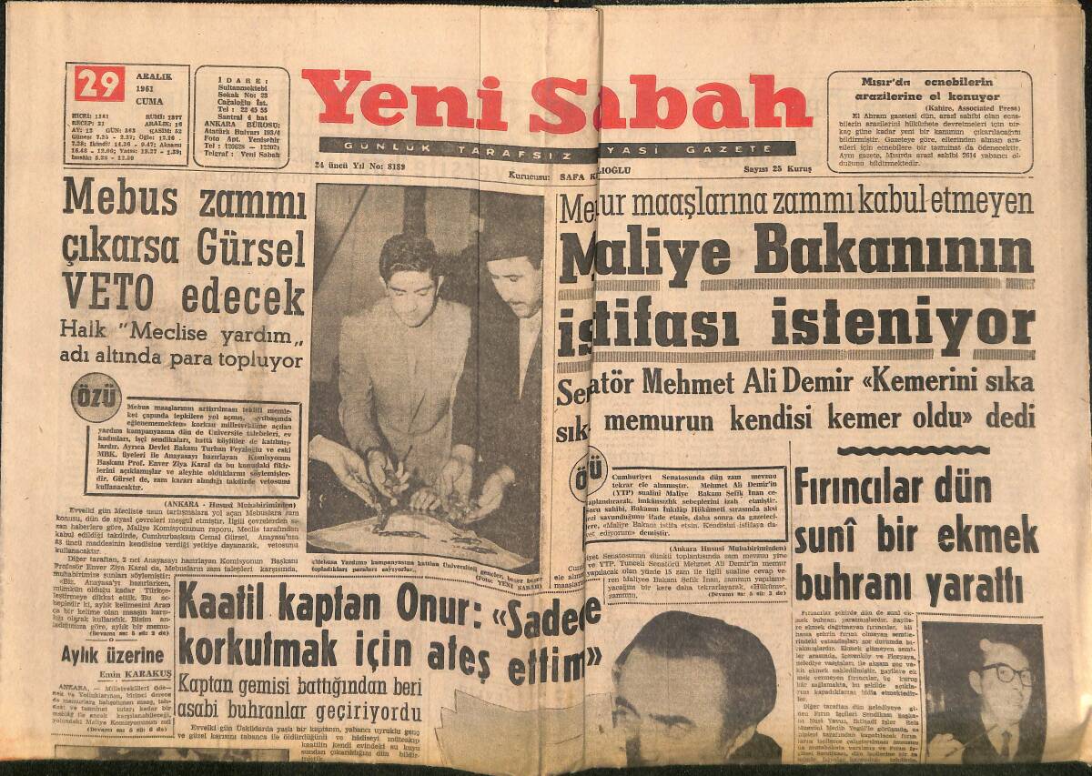 Yeni Sabah Gazetesi 29 Aralık 1961 - Feyzioğlu Doğu İlleri Hakkında İzahat Verdi - Mebus Zammı Çıkarsa Gürsel VETO Edecek GZ148397 - 1