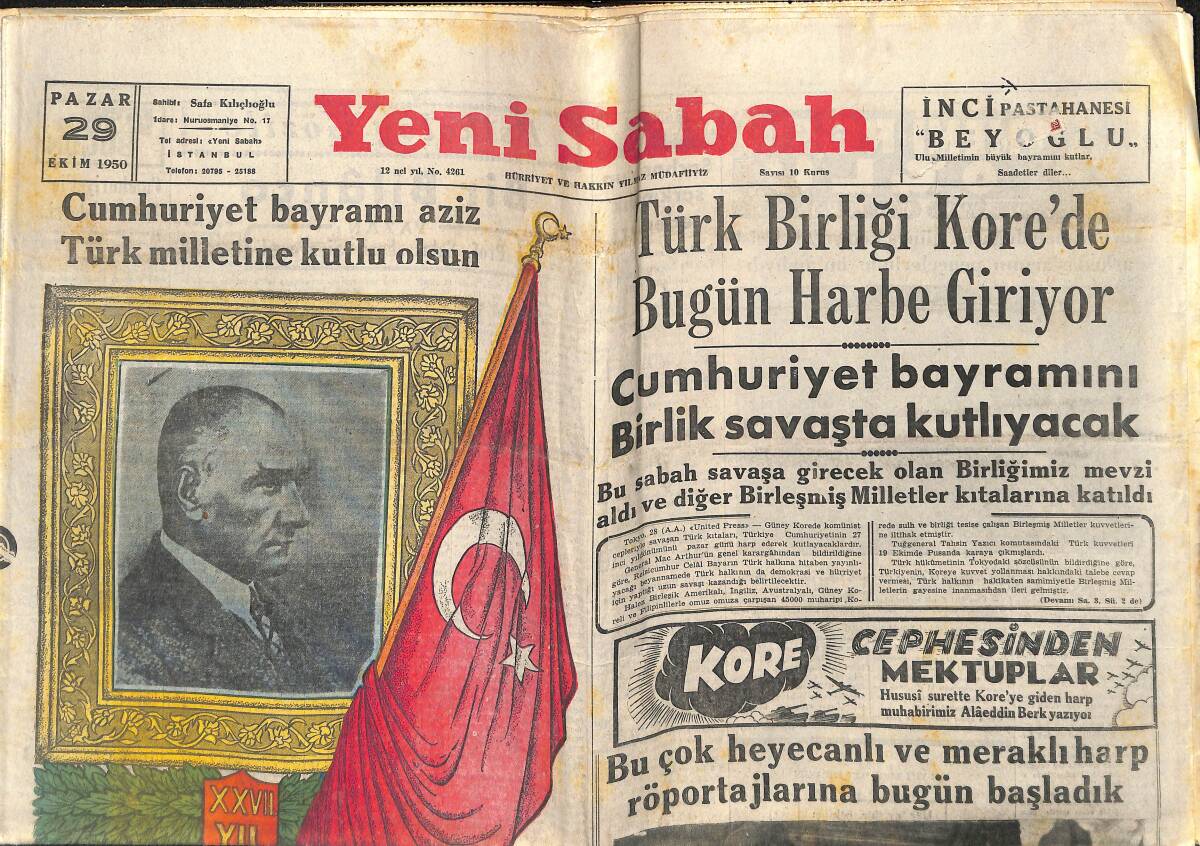 Yeni Sabah Gazetesi 29 Ekim 1950 - Türk Birliği Kore'de Bugün Harbe Giriyor - Hollywood'dan Haberler GZ141371 - 1