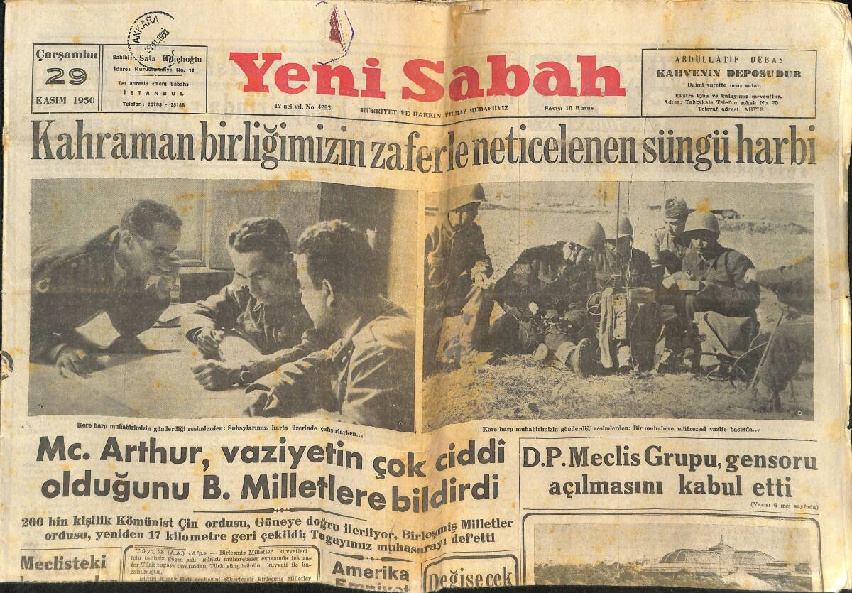 Yeni Sabah Gazetesi 29 Kasım 1950 - Kahraman Birliğimizin Zaferle Neticelenen Süngü Harbi - Con Foster İstanbul'dan Geçti GZ146771 - 1