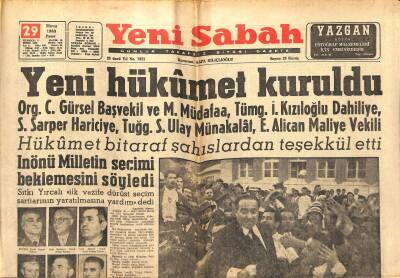 Yeni Sabah Gazetesi 29 Mayıs 1960 - Yeni Hükümet Kuruldu - Fenerbahçe-Beşiktaş Maçının Bayramda Yapılması Muhtemel GZ123736 - 1