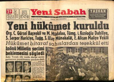 Yeni Sabah Gazetesi 29 Mayıs 1960 - Yeni Hükümet Kuruldu - Fenerbahçe-Beşiktaş Maçının Bayramda Yapılması Muhtemel GZ124157 - 1