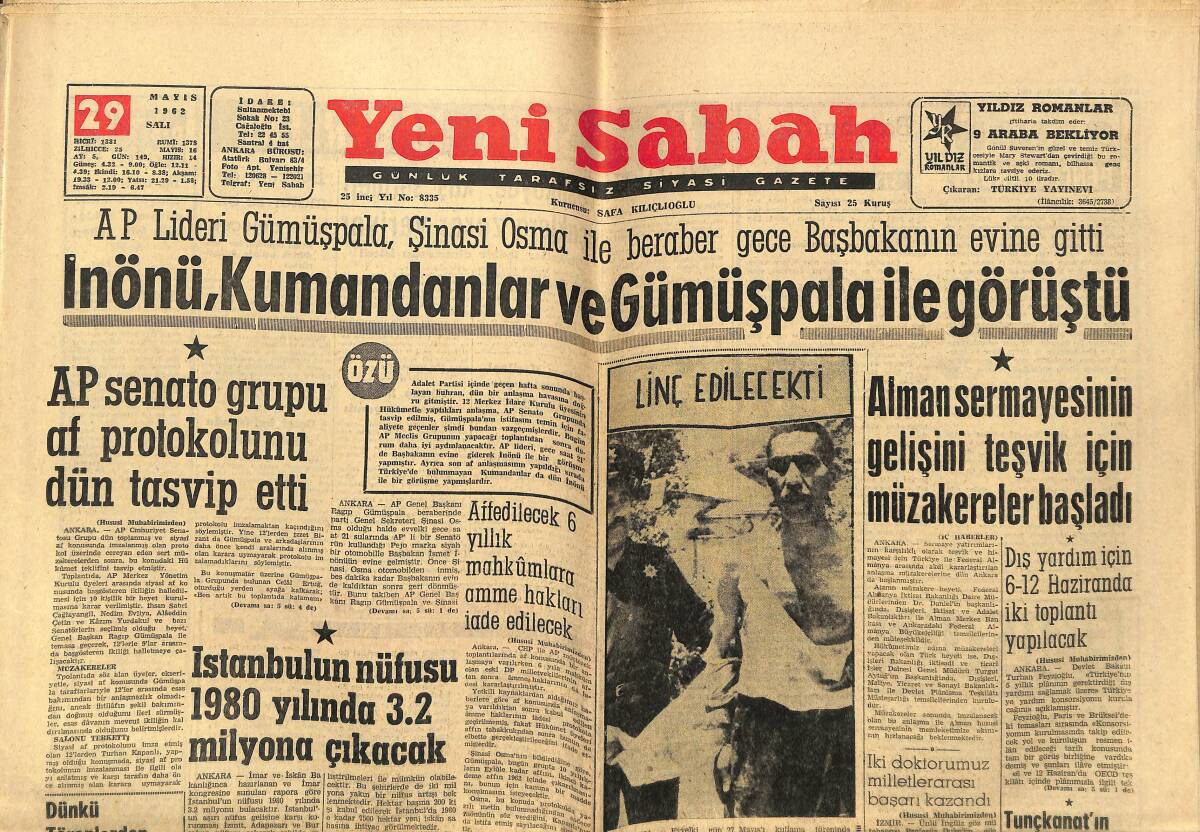 Yeni Sabah Gazetesi 29 Mayıs 1962 - Kaçıp İstanbul'a Gelen Çocukların Sayısı Artıyor - Alman Sermayesinin Gelişini Teşvik İçin Müzakereler Başladı GZ148473 - 1