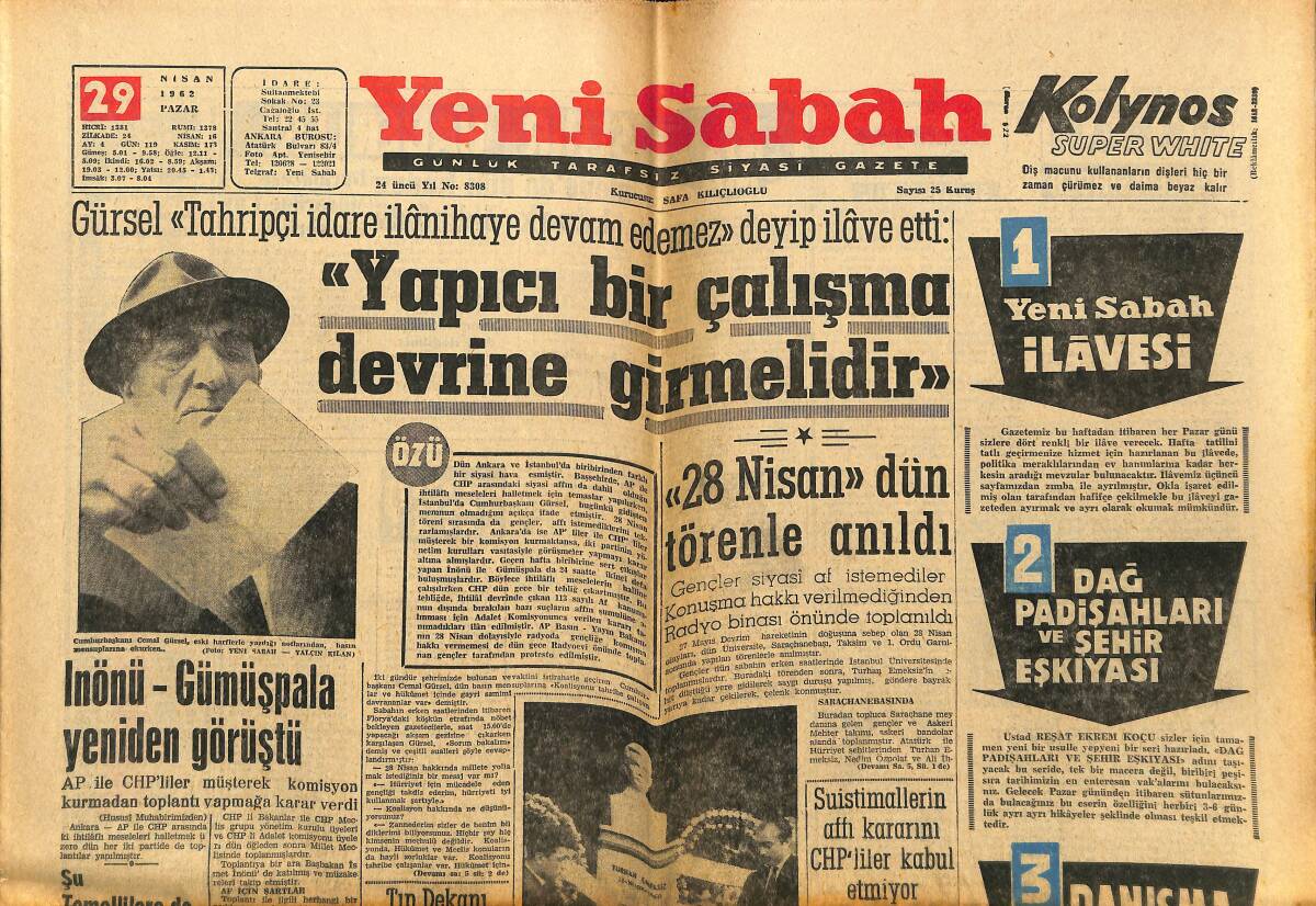 Yeni Sabah Gazetesi 29 Nisan 1962 - İnönü-Gümüşpala Yeniden Görüştü - Ekmek İşine Bakanlık Karışmıyor GZ148358 - 1