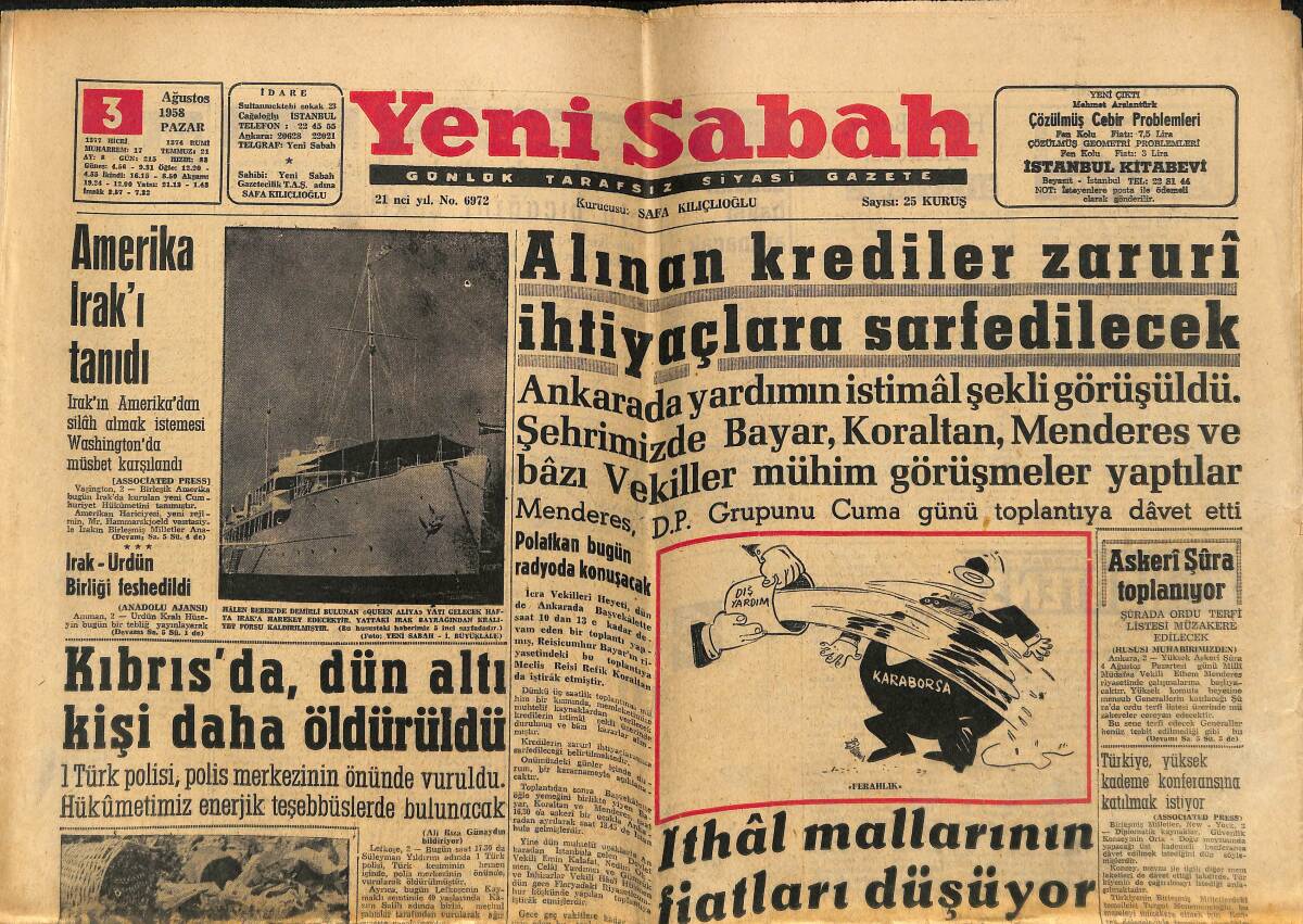 Yeni Sabah Gazetesi 3 Ağustos 1958 - Lübnan'ın Yeni Reisicumhuru , Asi Lider Saib Salam'la Görüştü GZ148355 - 1
