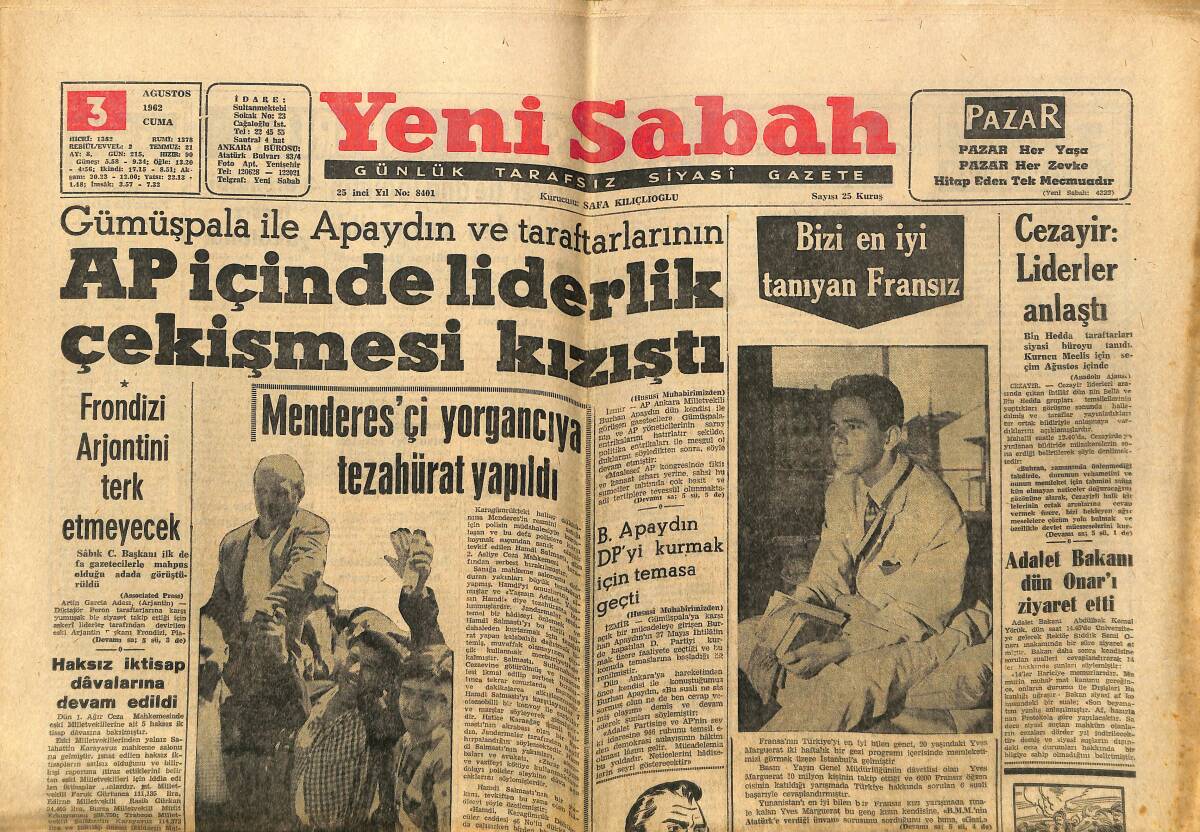 Yeni Sabah Gazetesi 3 Ağustos 1962 - Menderesçi Yorgancıya Tezahürat Yapıldı - Beşiktaş Her Ay Yabancı Bir Takımla Maç Yapacak GZ148481 - 1