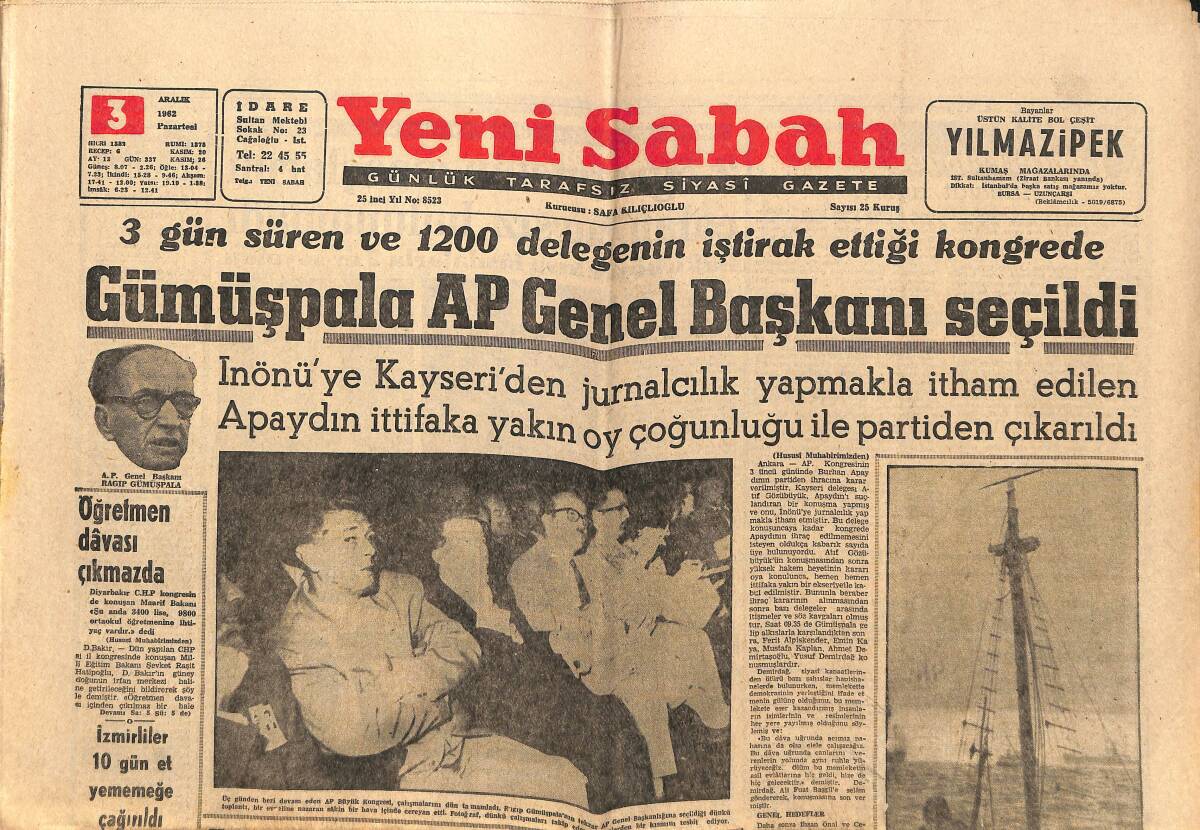 Yeni Sabah Gazetesi 3 Aralık 1962 - Gümüşpala AP Genel Başkanı Seçildi - Galatasaray'ın Rakibi Milan GZ148681 - 1