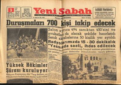 Yeni Sabah Gazetesi 3 Eylül 1960 - Yassıada Duruşmasını 700 Kişi Takip Edecek, Madam Sumati Morarjee, Jose Ferrer GZ124134 - 1