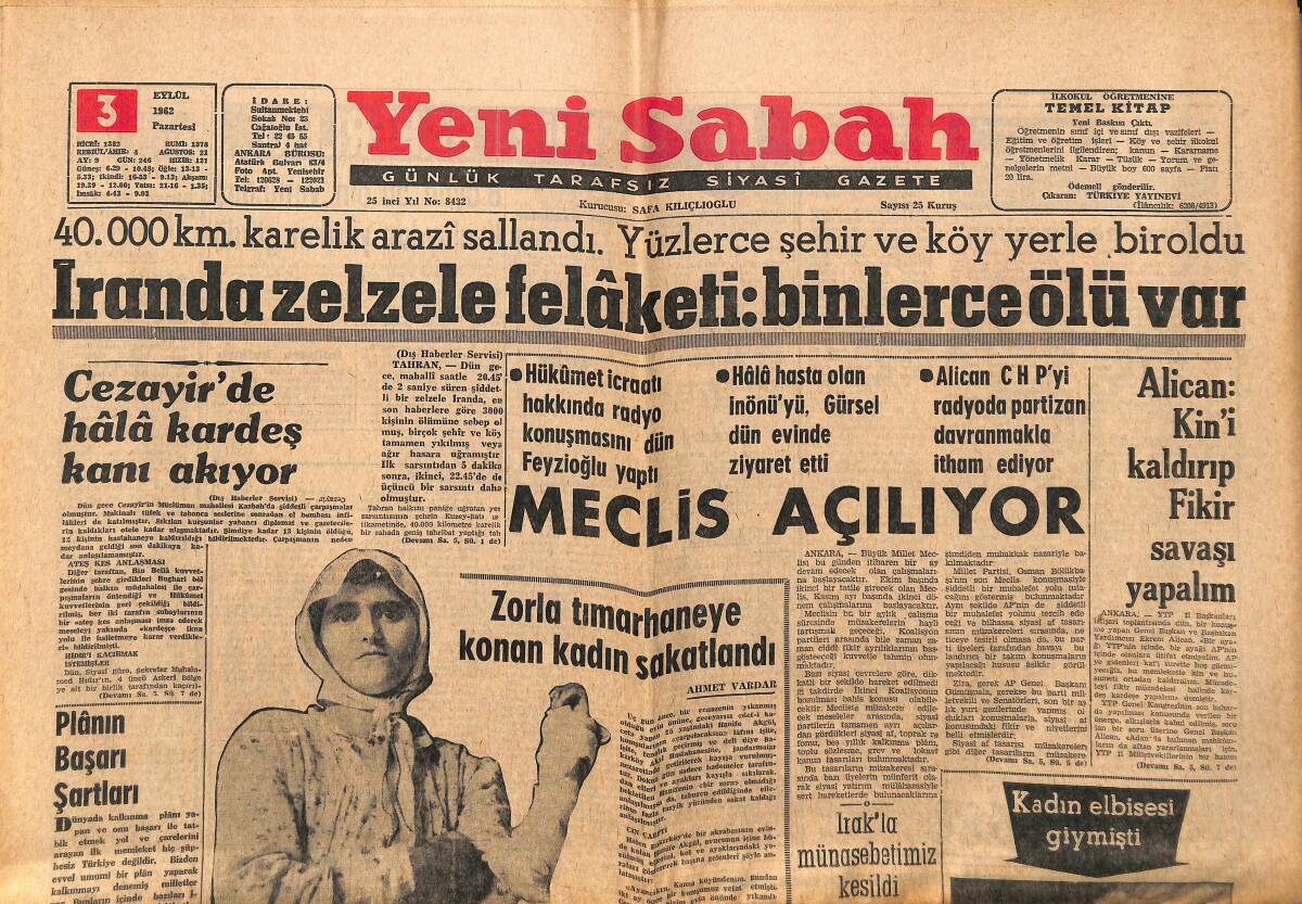 Yeni Sabah Gazetesi 3 Eylül 1962 - Suriyede Barzani Lehinde Bazı Nümayişler Yapıldı - Meclis Açılıyor GZ148685 - 1
