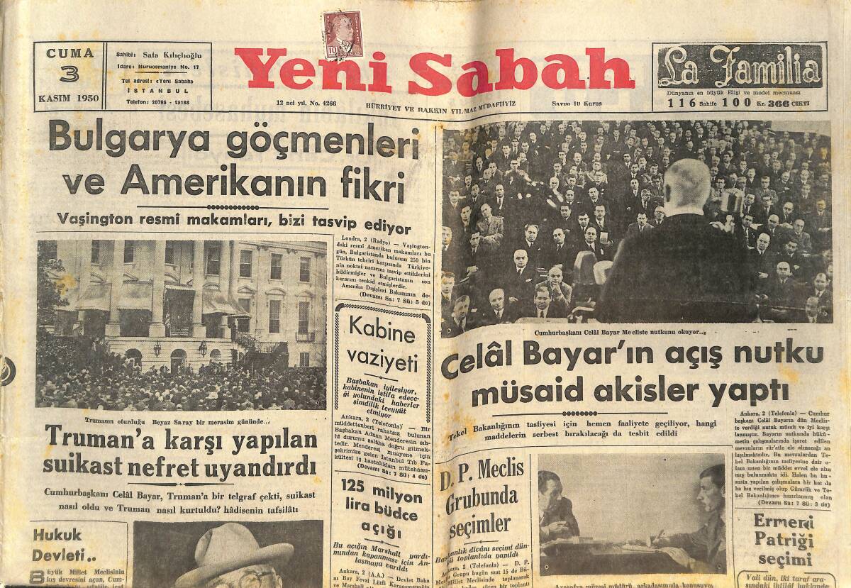 Yeni Sabah Gazetesi 3 Kasım 1950 - Celal Bayar'ın Açış Nutku Müsaid Akisler Yaptı - Meryem Ananın Mezarı Efes'te Mi? GZ146767 - 1