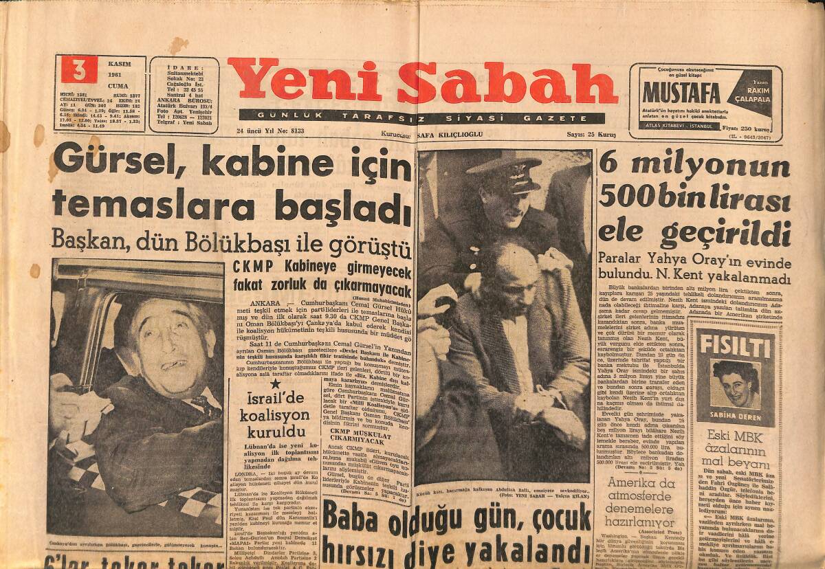 Yeni Sabah Gazetesi 3 Kasım 1961 - Stalin'in Oğlu Orgenerallikten Binbaşılığa İndi - Gürsel , Kabine İçin Temaslara Başladı GZ148393 - 1
