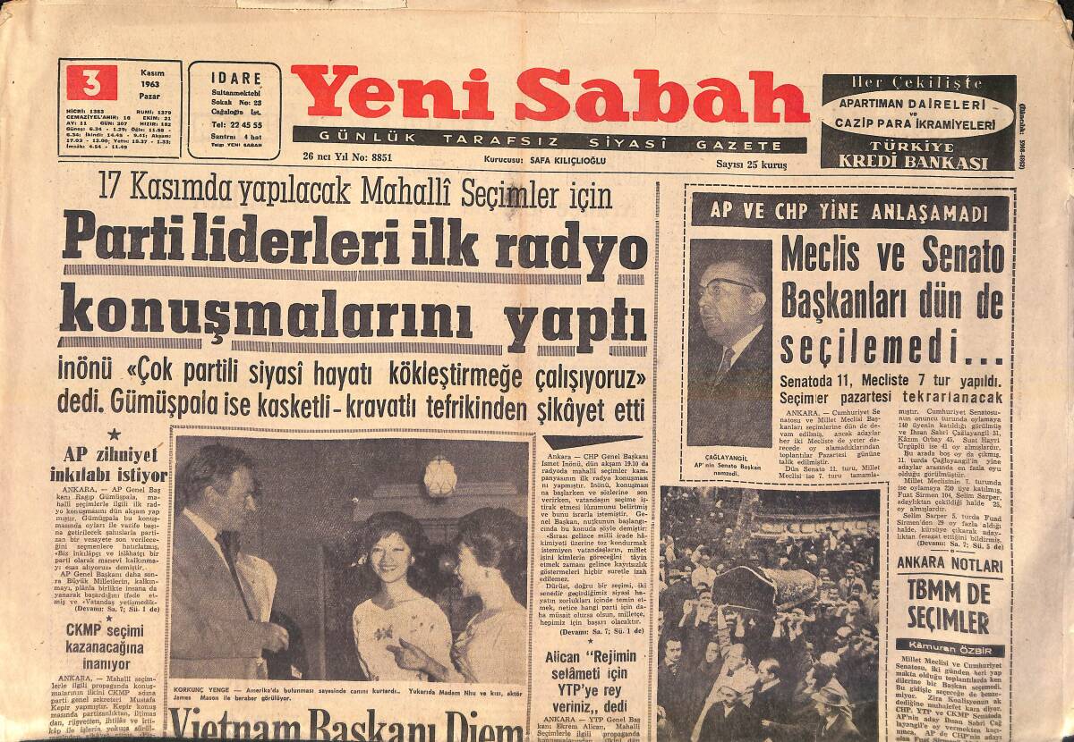 Yeni Sabah Gazetesi 3 Kasım 1963 - Vietnam Başkanı Diem Ve Kardeşi İntihar Etti - Belgin Doruk 3 Yıl Sonra Sinemayı Bırakacak GZ156869 - 1