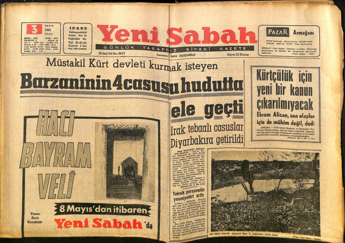 Yeni Sabah Gazetesi 3 Mayıs 1963 - Barzani'ni 4 Casusu Hudutta Ele Geçti - İtalyan Sineması Ve Başarılı bir Yıldız: Claudia Cardinale GZ148500 - 1