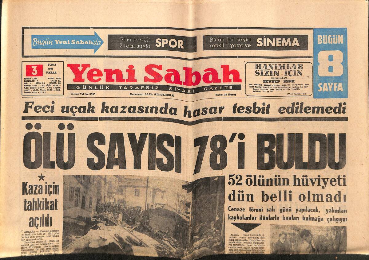 Yeni Sabah Gazetesi 3 Şubat 1963 - Feci Uçak Kazasında Hasar Tespit Edilemedi . Ölü Sayısı 78'i Buldu GZ148700 - 1