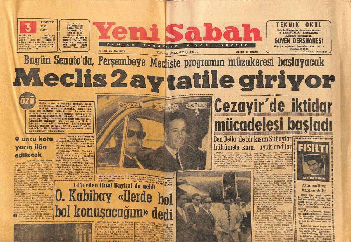 Yeni Sabah Gazetesi 3 Temmuz 1962 - Cezayir'de İktidar Mücadelesi Başladı - Meclis 2 Ay Tatile Giriyor GZ148403 - 1