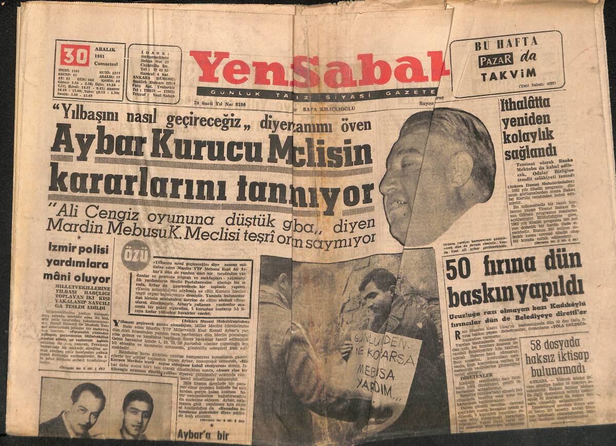 Yeni Sabah Gazetesi 30 Aralık 1961 - Miting İçin Galata Köprüsü Ve Taksim'den Geçmek Yasak - Aybar Kurucu Meclisin Kararlarını Tanımıyor GZ148396 - 1