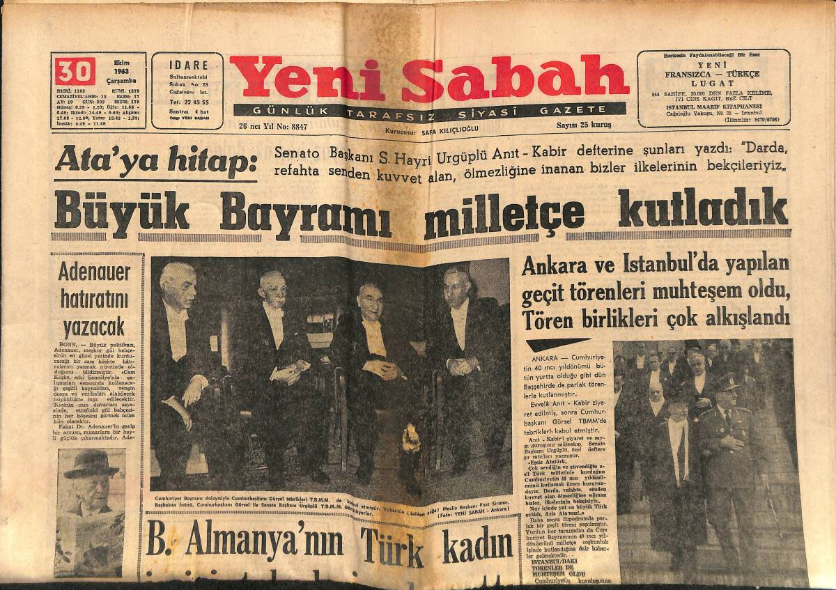 Yeni Sabah Gazetesi 30 Ekim 1963 - Peter'in Cesedi Dün Bulundu - Süreyya Aşık Prenses Rolü Oynayacak GZ148853 - 1