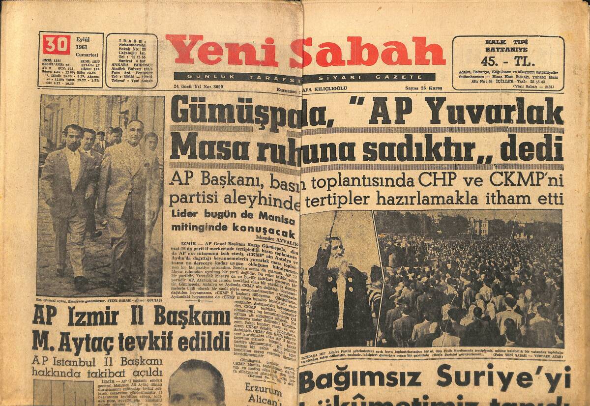 Yeni Sabah Gazetesi 30 Eylül 1961 - Türkeş Ve Özdağ'ın İstifaları Hariciyeye Gelmemiş GZ148365 - 1