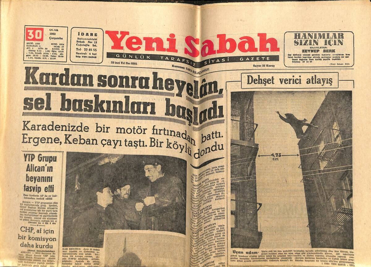 Yeni Sabah Gazetesi 30 Ocak 1963 - Nikotin Kanser Sebebi - Darüşşafaka-Moda Bu Gece Karşılaşıyor GZ142930 - 1