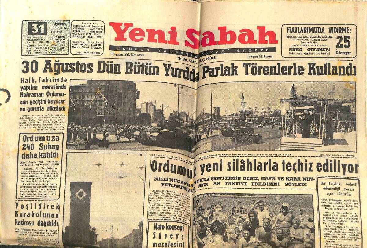 Yeni Sabah Gazetesi 31 Ağustos 1956 - Reşat Feyzi Toprağa Verldi - Türk Milli Takımı Voleybolda Kuzey Kore'ye 3-2 Yenildi GZ142198 - 1