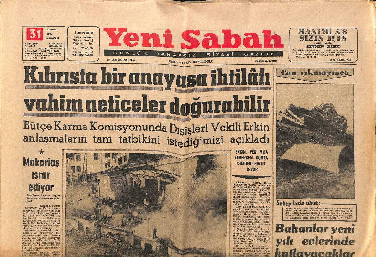 Yeni Sabah Gazetesi 31 Aralık 1962 - Çorlu'da Büyük Bir Yangın Oldu - Tasnifte İsmet İnönü Birinci GZ148688 - 1