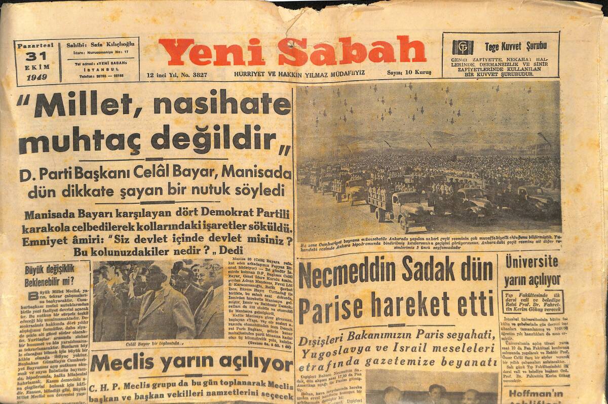 Yeni Sabah Gazetesi 31 Ekim 1949 - Necmettin Sadak Dün Paris'e Hareket Etti - Mr. Russell Dorr Dün Paris'ten Avdet Etti! GZ146665 - 1