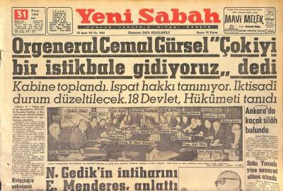 Yeni Sabah Gazetesi 31 Mayıs 1960 - N. Gedikin İntiharını E. Menderes Anlattı - Yassıadaya 150 Mevkuf Getirildi GZ125279 - 1