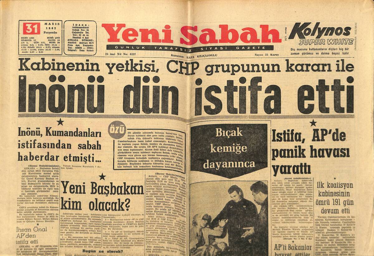 Yeni Sabah Gazetesi 31 Mayıs 1962 - İnönü Dün İstifa Etti - İstifa AP'de Panik Havası Yarattı GZ148471 - 1