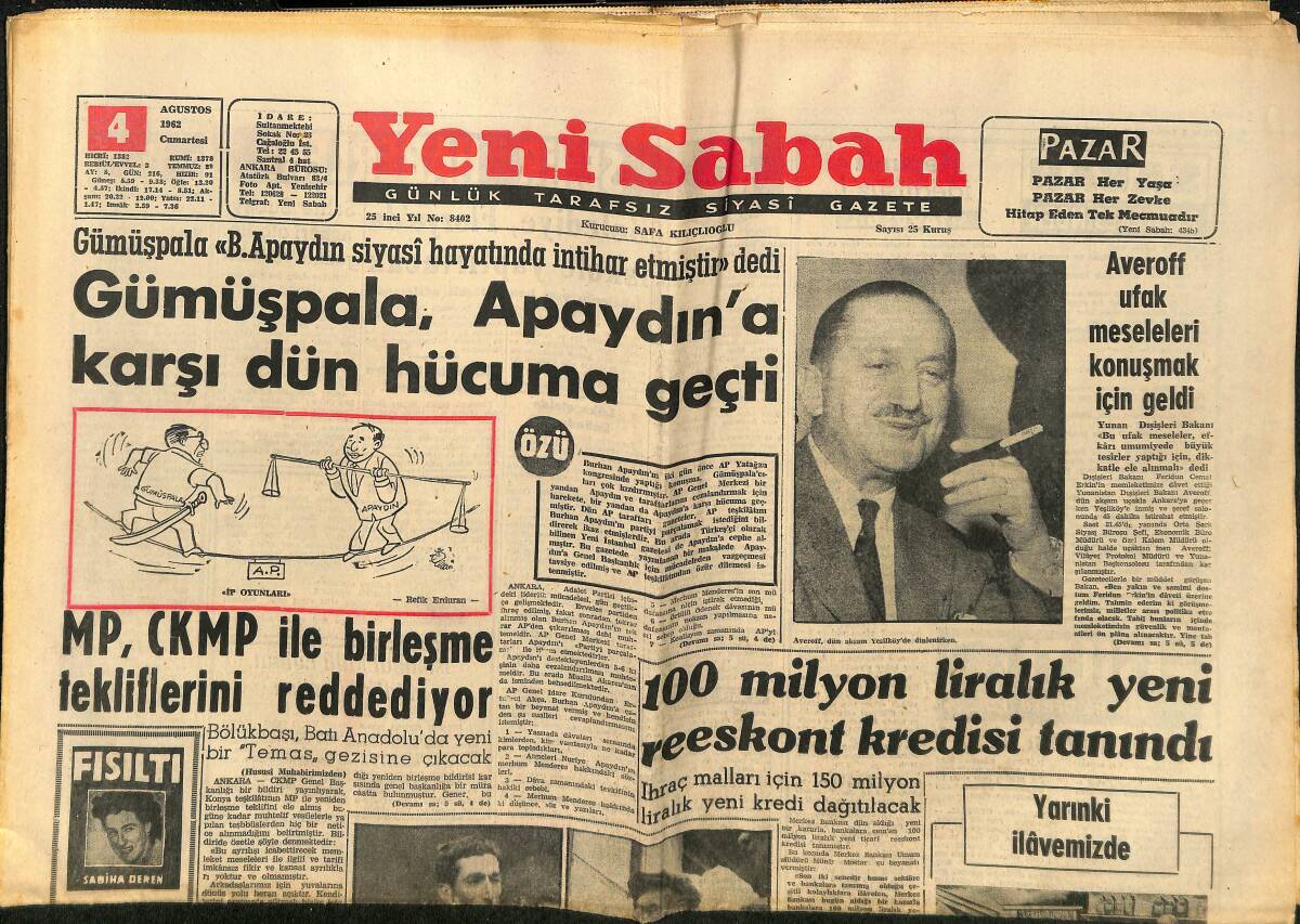 Yeni Sabah Gazetesi 4 Ağustos 1962 - Sophia Loren Hastalandı - Can, Venezia İle Anlaşıyor GZ148237 - 1