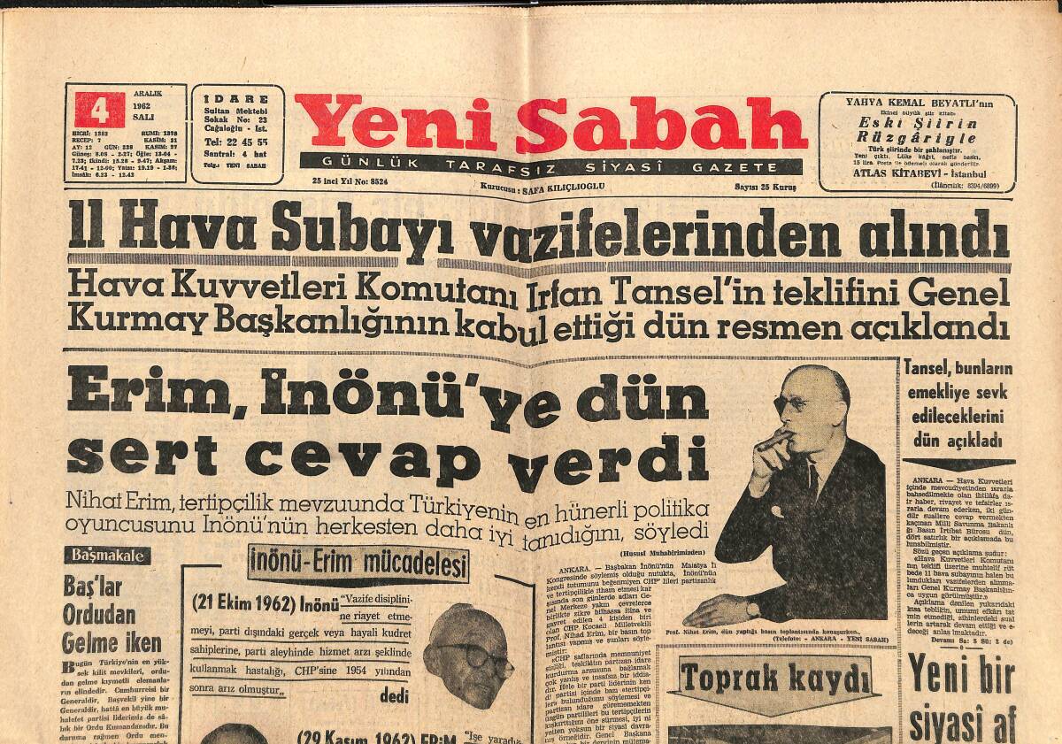 Yeni Sabah Gazetesi 4 Aralık 1962 - Erim, İnönü'ye Dün Sert Cevap Verdi - İtalyan Gazeteleri Milli Takımımızla Alay Ediyor GZ148877 - 1