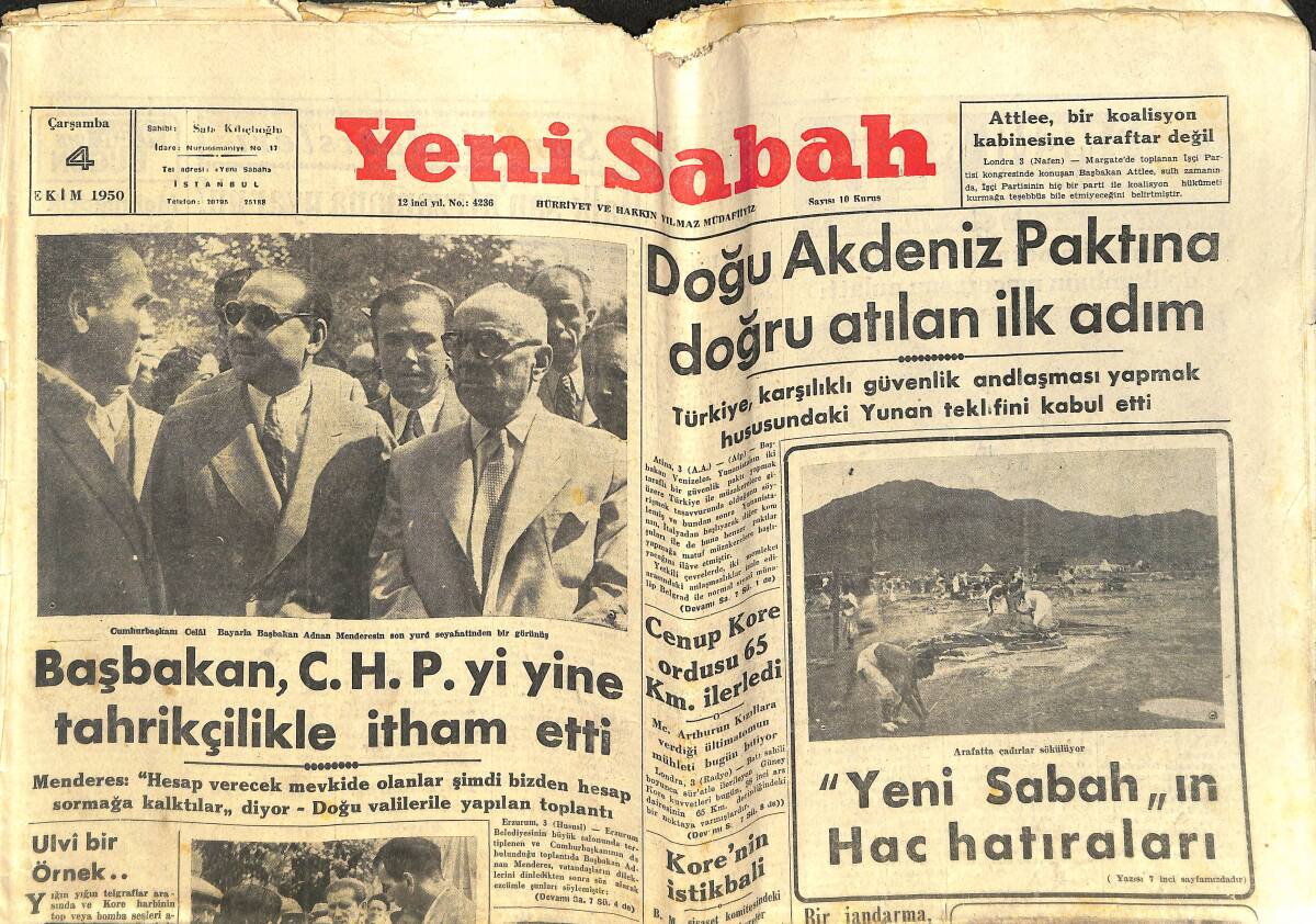 Yeni Sabah Gazetesi 4 Ekim 1950 - Doğu Akdeniz Paktına Doğru Atılan İlk Adım - Keçeçizade Fuat Paşanın Siyasi Vasiyetnamesi GZ142309 - 1