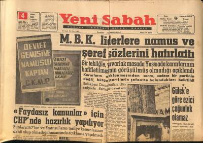 Yeni Sabah Gazetesi 4 Ekim 1961 - M.B.K. Liderlere Namus Ve Şeref Sözlerini Hatırlattı - Nevşehir Hastahanesinin Önünden Geçmek Yasak GZ124104 - 1