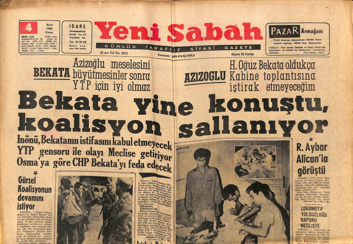 Yeni Sabah Gazetesi 4 Ekim 1963 - Claude, Liz'in Her Şeyini Taklit Ediyordu - Lefter, Romanya'ya Karşı Oynayacak GZ148646 - 1